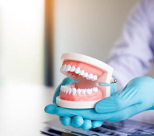 dentist holding traditional dentures  